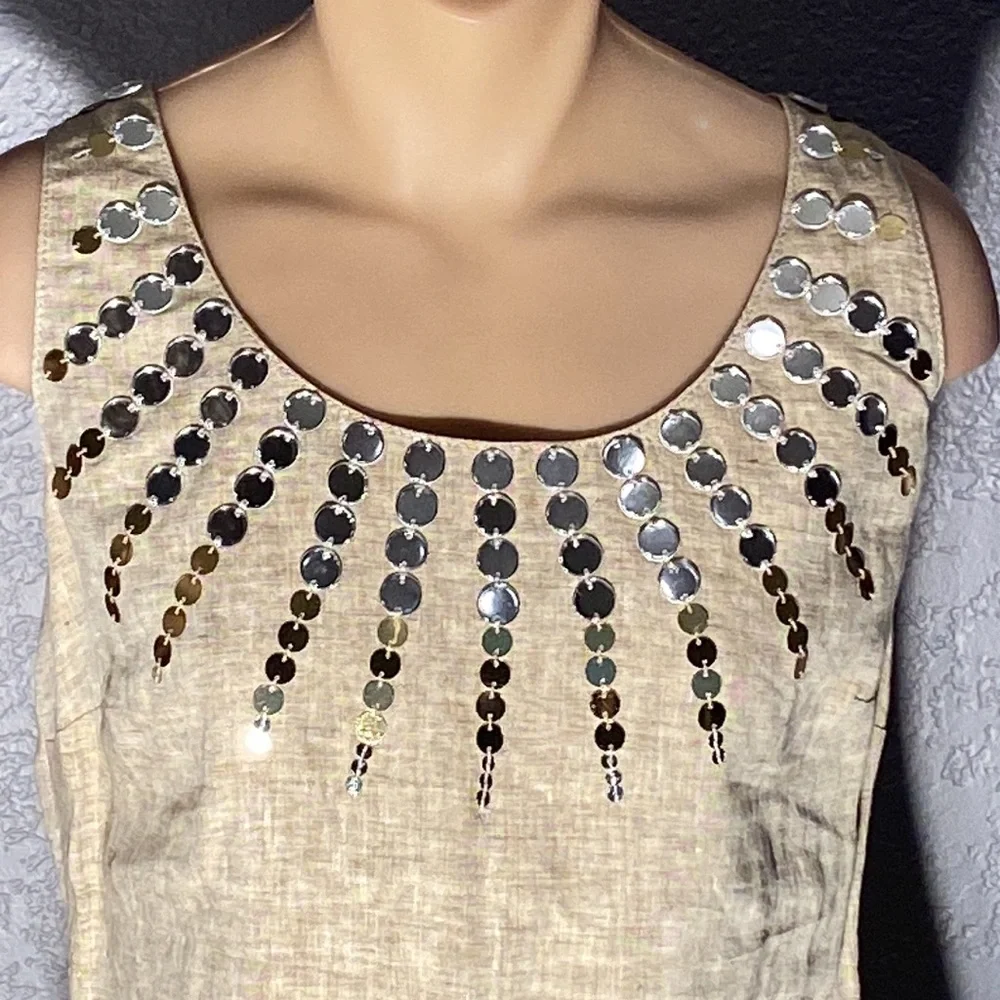 TORY BURCH - linen tank tunic w little mirror discs surrounding neck, zip - 8 - Picture 3 of 16